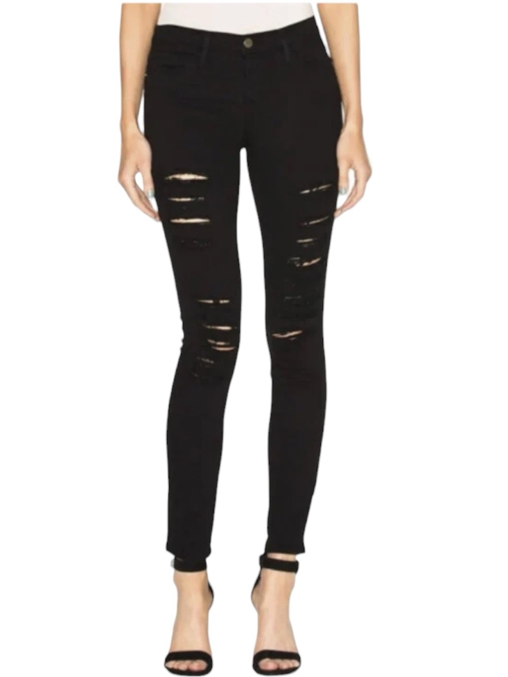 Frame Le skinny de Jeanne black denim shredded distressed super skinny jeans